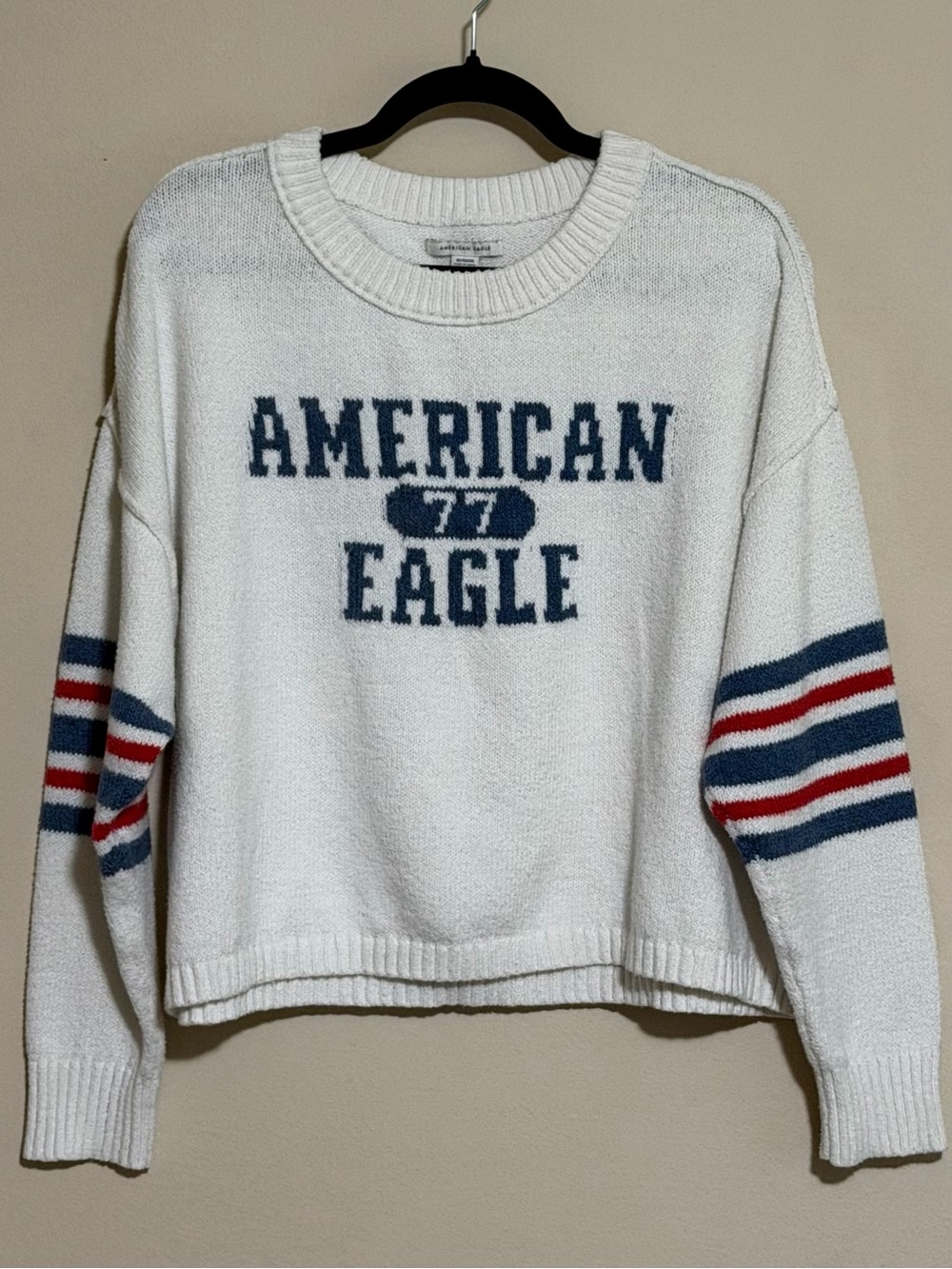 American Eagle Outfitters White Crewneck Sweater with Navy & Red Stripe Details